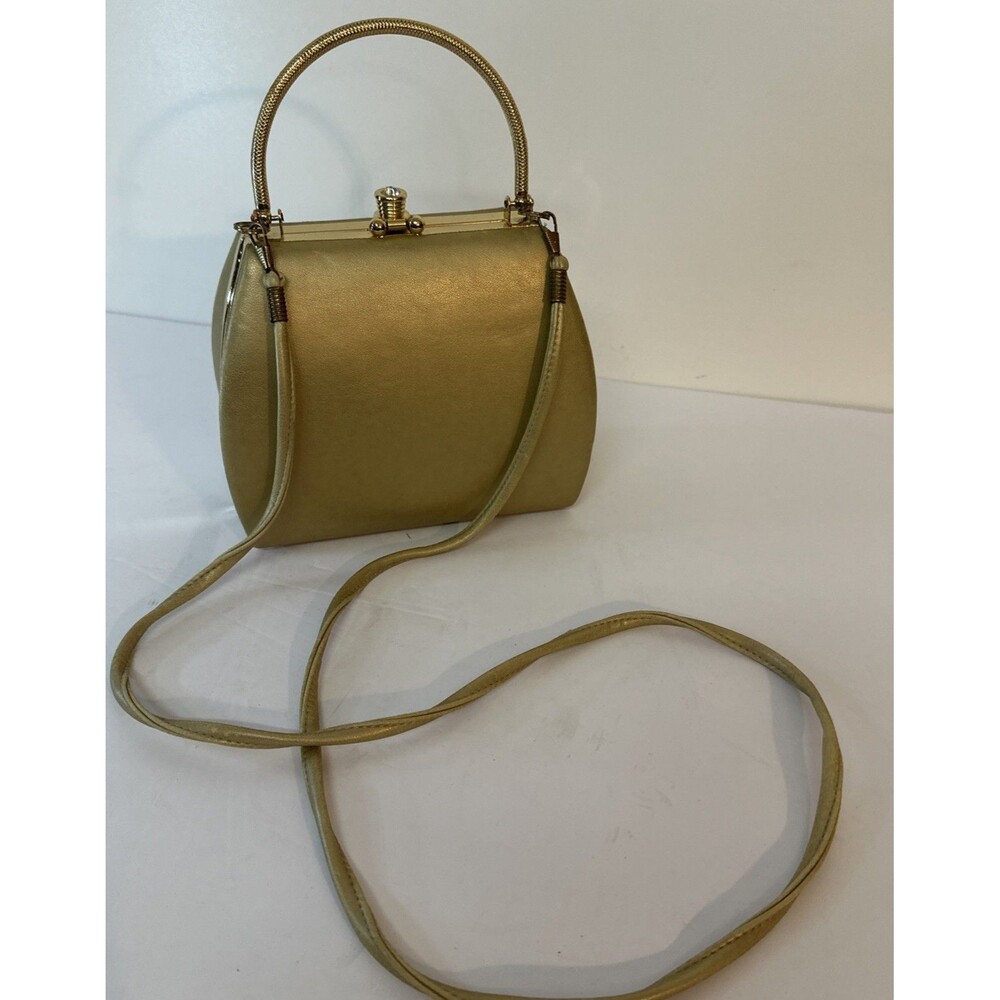 Vintage Bill Blass Gold Satin Evening Bag Rhinestone Clasp Snake Chain Handle